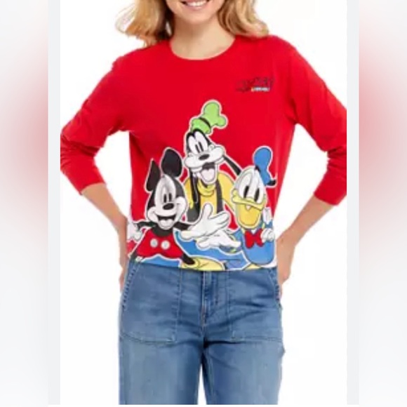 Disney Mickey Minnie Mouse Print Cropped Crew Neck Long Sleeves red tee SZ XXL - Picture 3 of 16